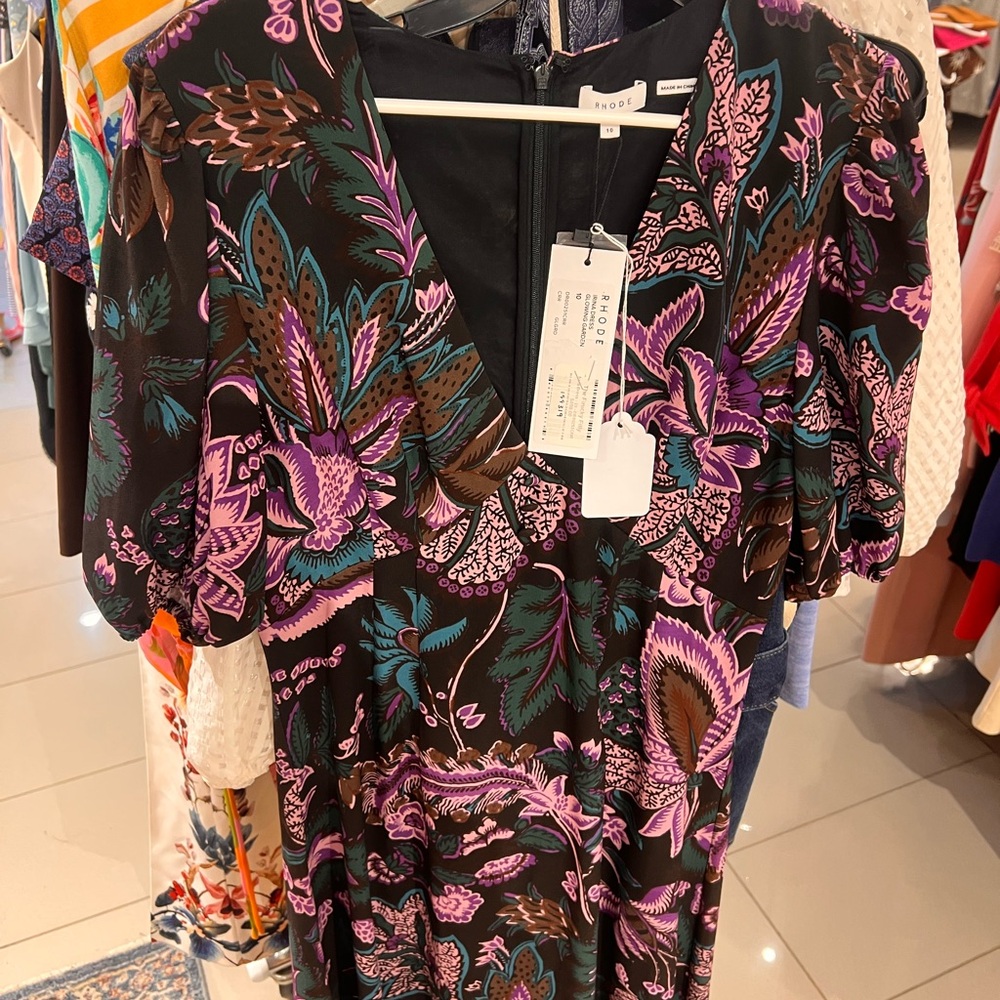 Rhode Floral Puff-Sleeve V-Neck Midi Dress - Black & Purple - Picture 4 of 5